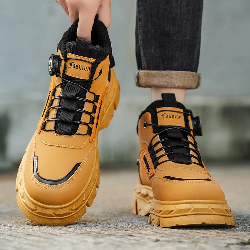 

Men's Fleece High-top Durable Leather Color-matched High-quality Round-toe Lace-up Large-sized Casual Brand Flat Work Boots