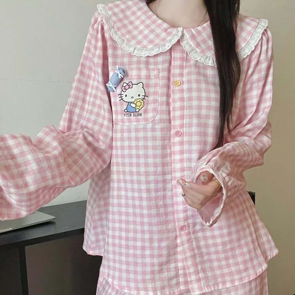 Neues Kawaii Pink Hello Kitty Herbst-Baumwoll-Pyjama-Set für Frauen 2025, Cartoon-Langarmhose, süße süße Mädchen-Hauskleidung