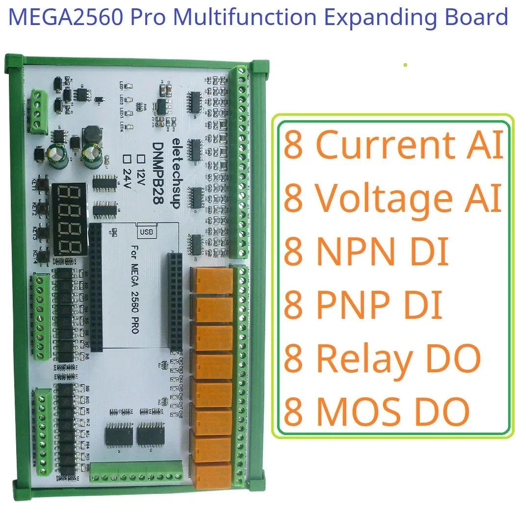 

DC 12 24V Multifunction MEGA2560 Pro Expanding Board Current Voltage ADC Collection NPN PNP Isolated DI Relay Mos DO for Arduino