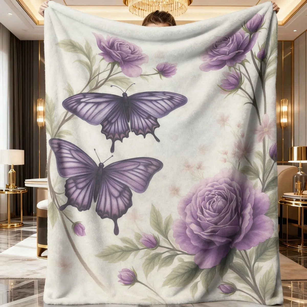 

Top pick1pc Purple Rose Butterfly Flannel Blanket 200-250gsm Polyester All-Season Elegant Bedding