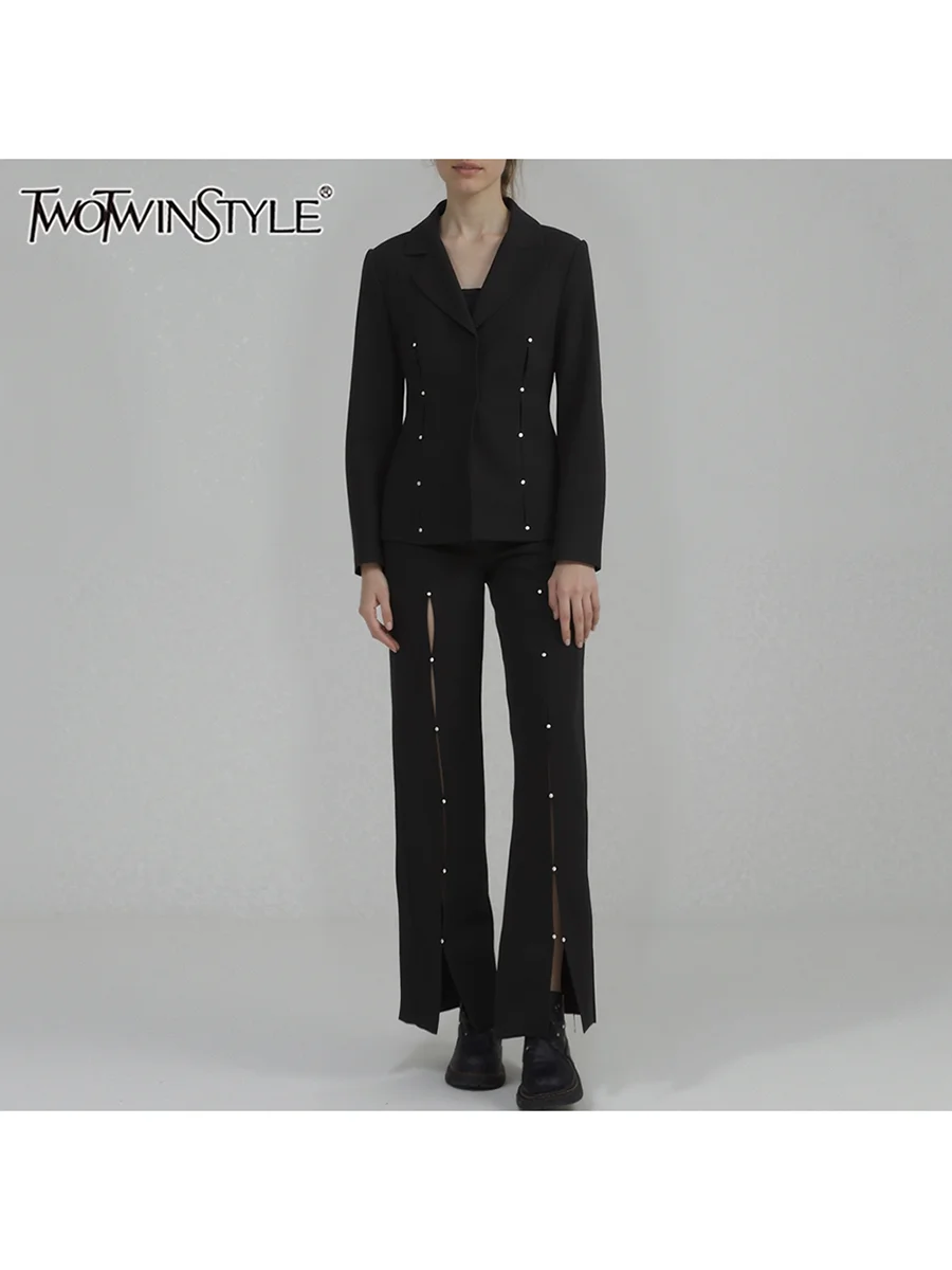 

TWOTWINSTYLE однотонные комплекты из двух предметов с разрезом и бриллиантами для женщин, пиджак с длинными рукавами и лацканами, брюки с высокой талией, модный женский комплект