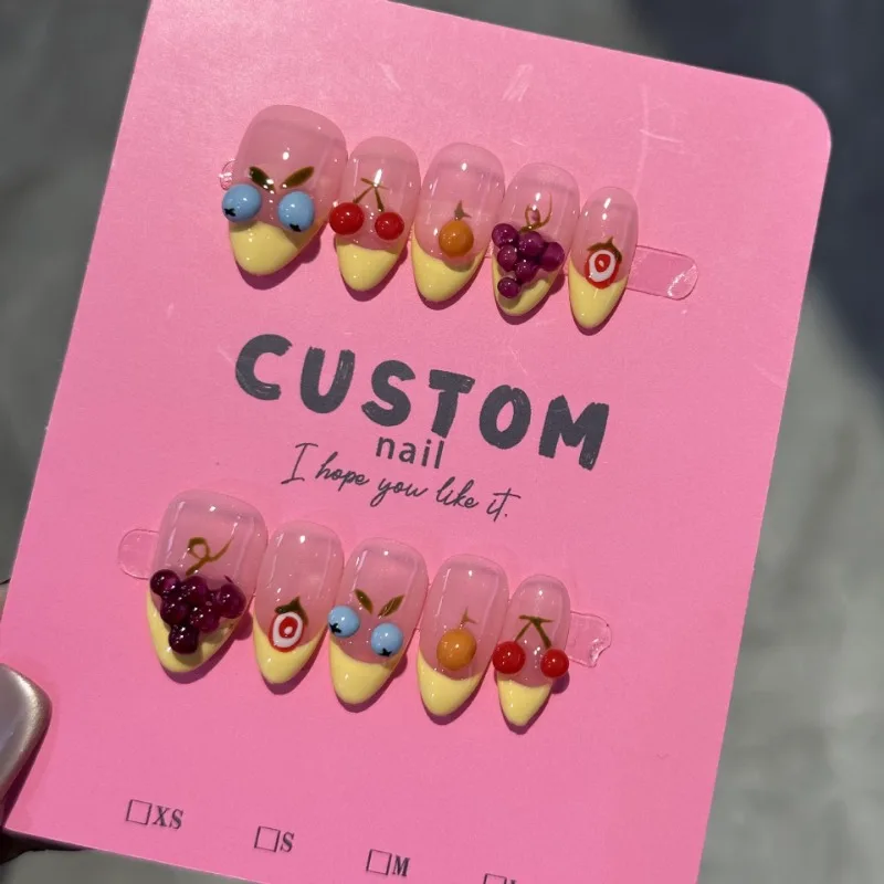 

10Pcs Short Almond False Nails Dopamine Fruit Summer Handmade Press on Nails with Interesting Design Yellow French Nails Tip