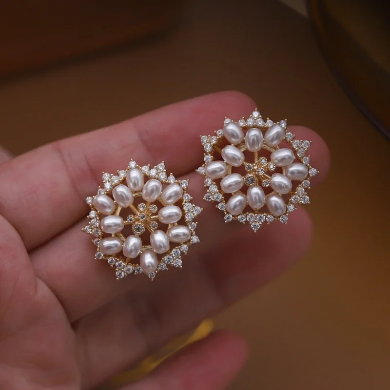 Korean new design fashion jewelry 14K gold plated zircon pearl flower earrings elegant women's daily work accessories