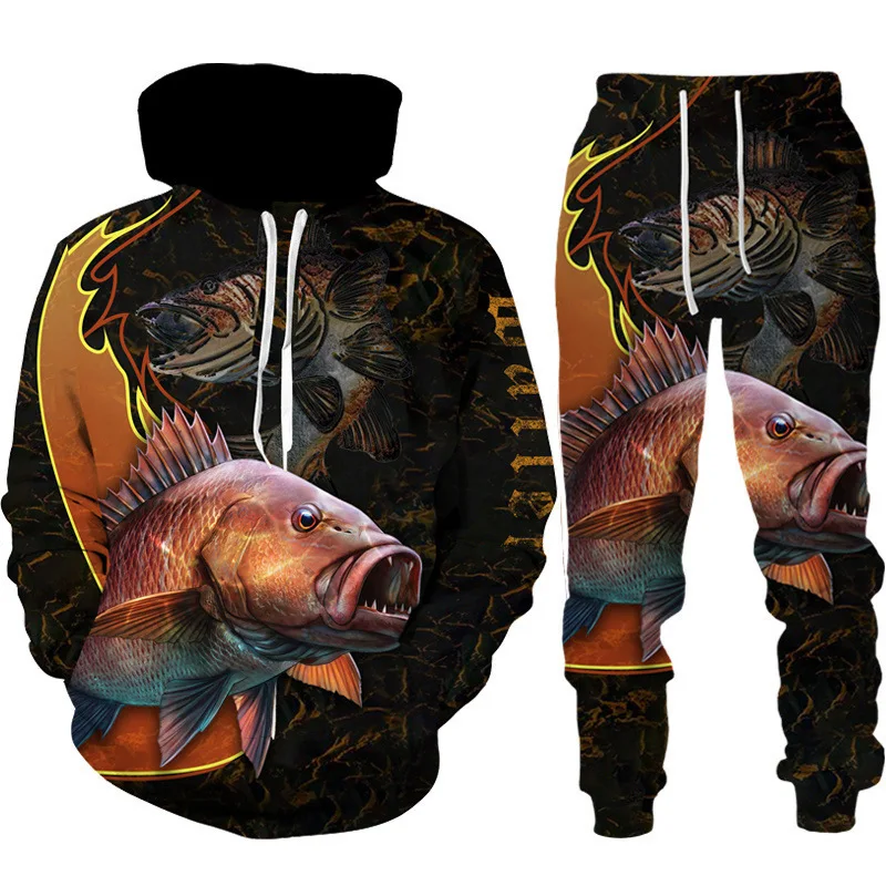 Pêche 3D imprimé sweat à capuche pantalon ensembles hommes Streetwear décontracté sweats à capuche pantalons de survêtement deux pièces costume homme survêtement vêtements