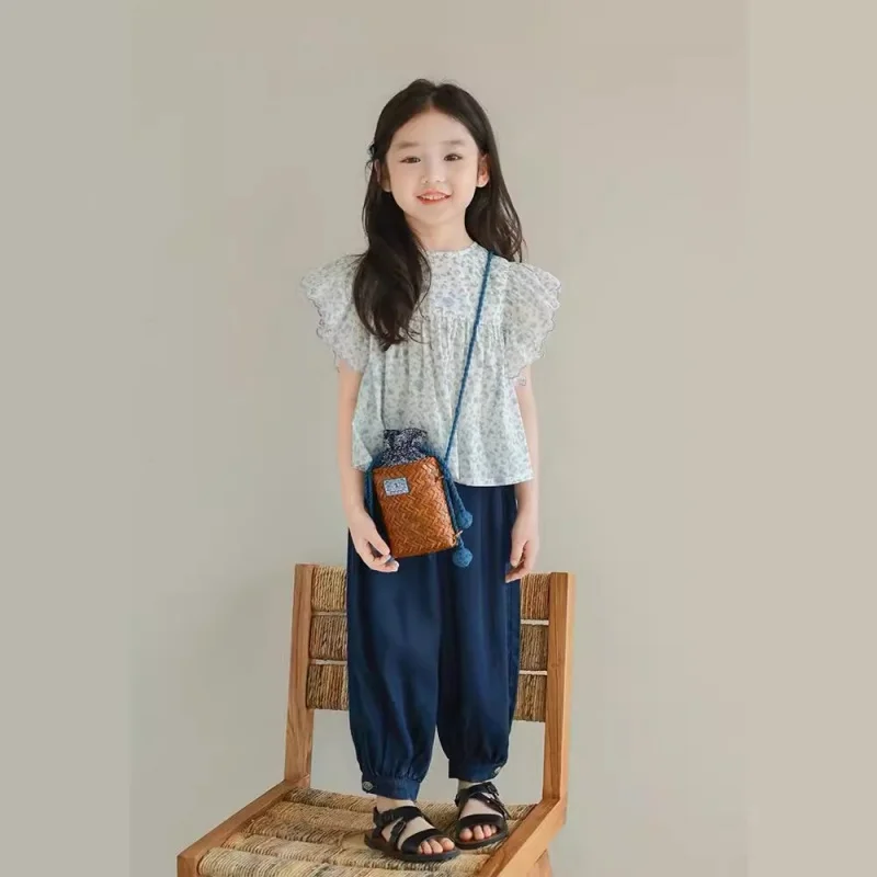 2024Spring and Summer Girls' Contrast Color Dense Piping Leopard Print Shirt  Baby Kindergarten Western Style Top Jeans Suit