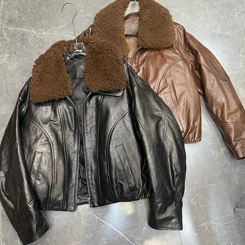 Winter donsjack dames geïmporteerd koud brouwen olie wax schapenvacht ganzendons jas wollen bontkraag rits losse korte gewatteerde jas