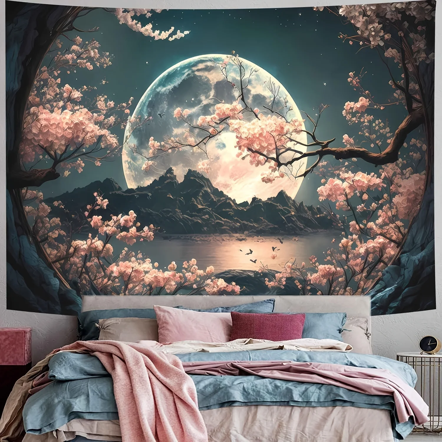 Serene Cherry Blossom & Moon Tapestry, Easy-to-Install Wall Hanging, Aesthetic Room Decor for Bedroom, Living Room, Dorm