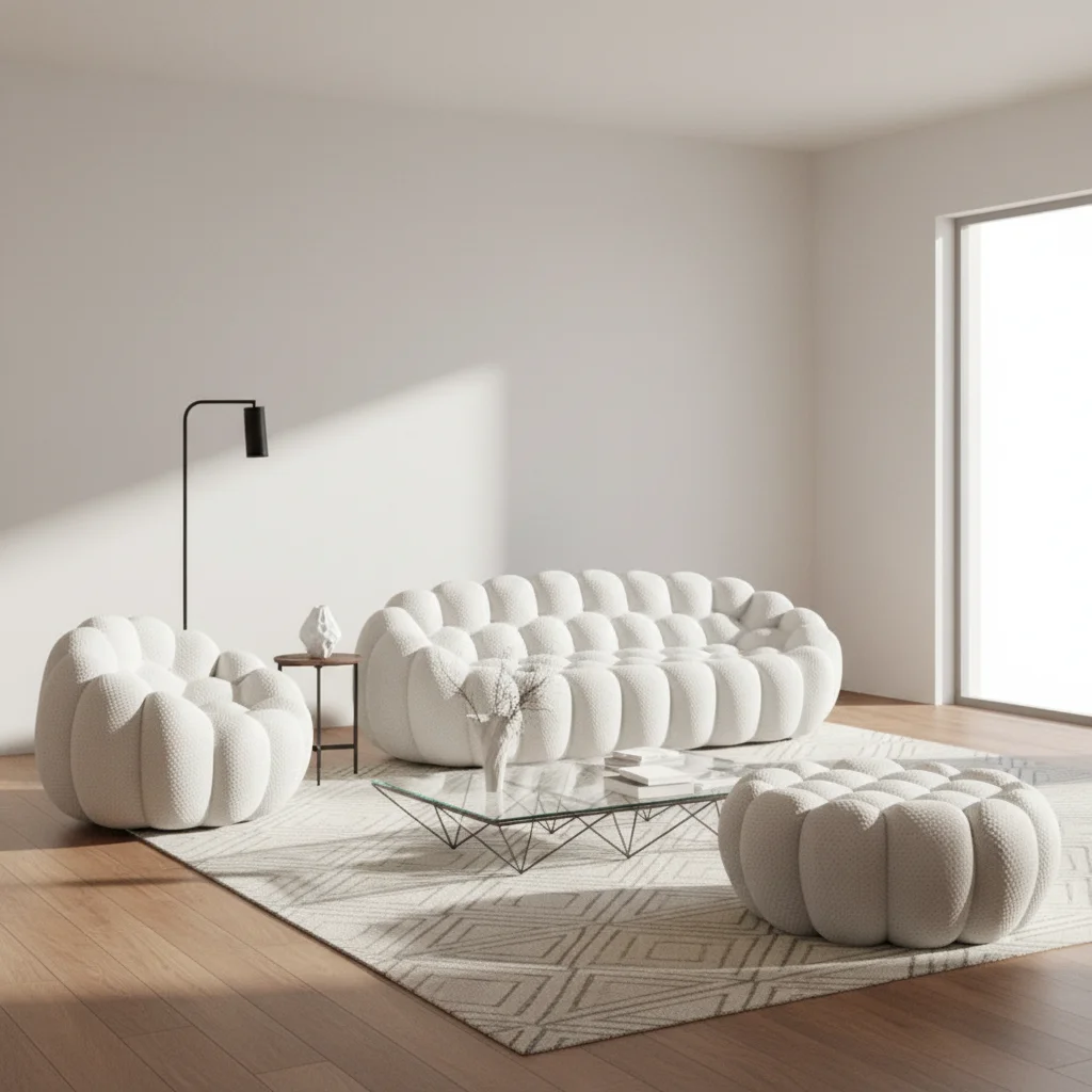 # Cremefarbenes Kürbis-Bubble-Sofa Modulares Sektional-Set Einzigartige Abgerundete Strick-Polsterung Gemütliche Tiefe Sitzfläche für Minimalistisches Wohnzimmer