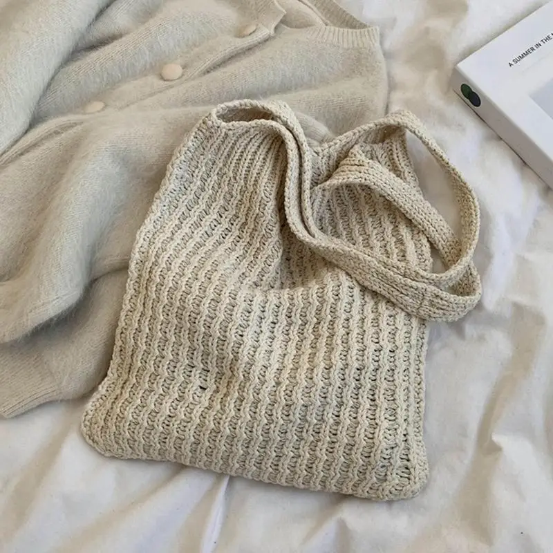 

340D Soft Knitted Shoulder Bag Solid Color Hobo Bags Casual Handbag Vintage Large Capacity Tote Bag Fashion Shopping Bag