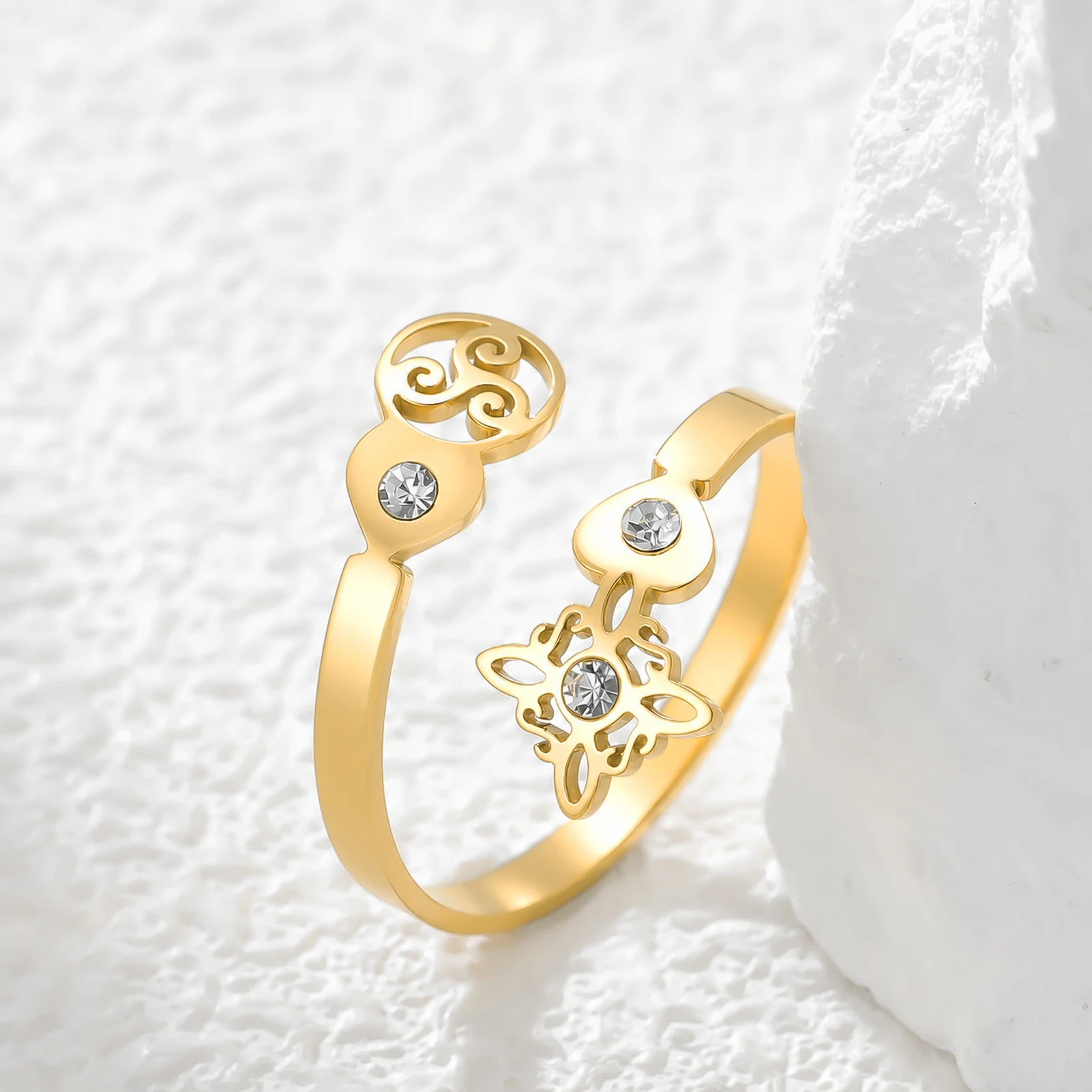 Triskele Triple Spiral Wicca Witch Knot Zircon Open Ring Stainless Steel Celtic Spiritual Amulet Talisman Ring Jewelry For Women
