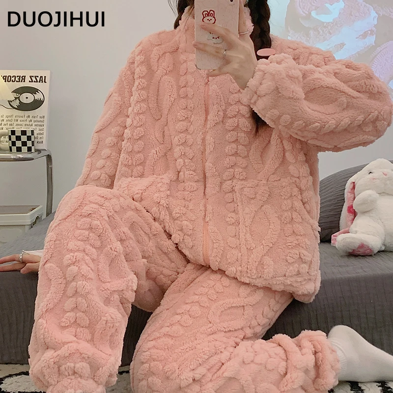 

DUOJIHUI Winter Thick Warm Pure Color Female Sleepwear Sets Zipper Fashion Top Loose Casual Pant Flannel Soft Pajamas for Women