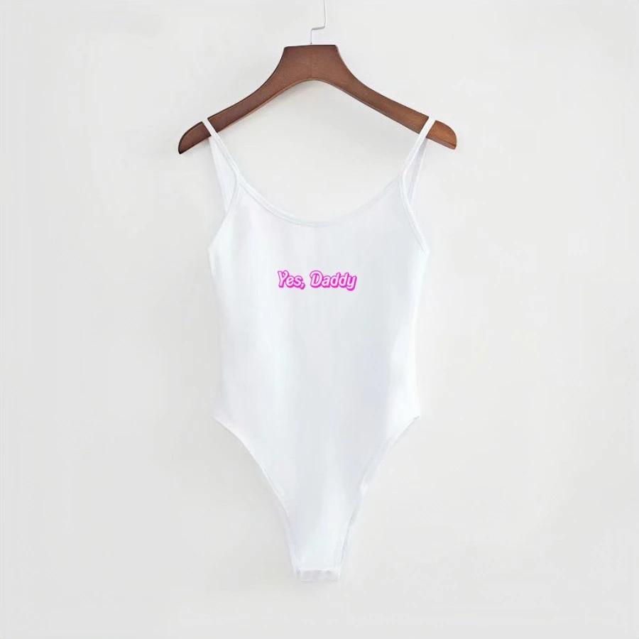 Yes Daddy Letter Women Thin Slip Sexy Tops Bodysuit Female Black White Sleeveless Straps Lingerie Bodysuits