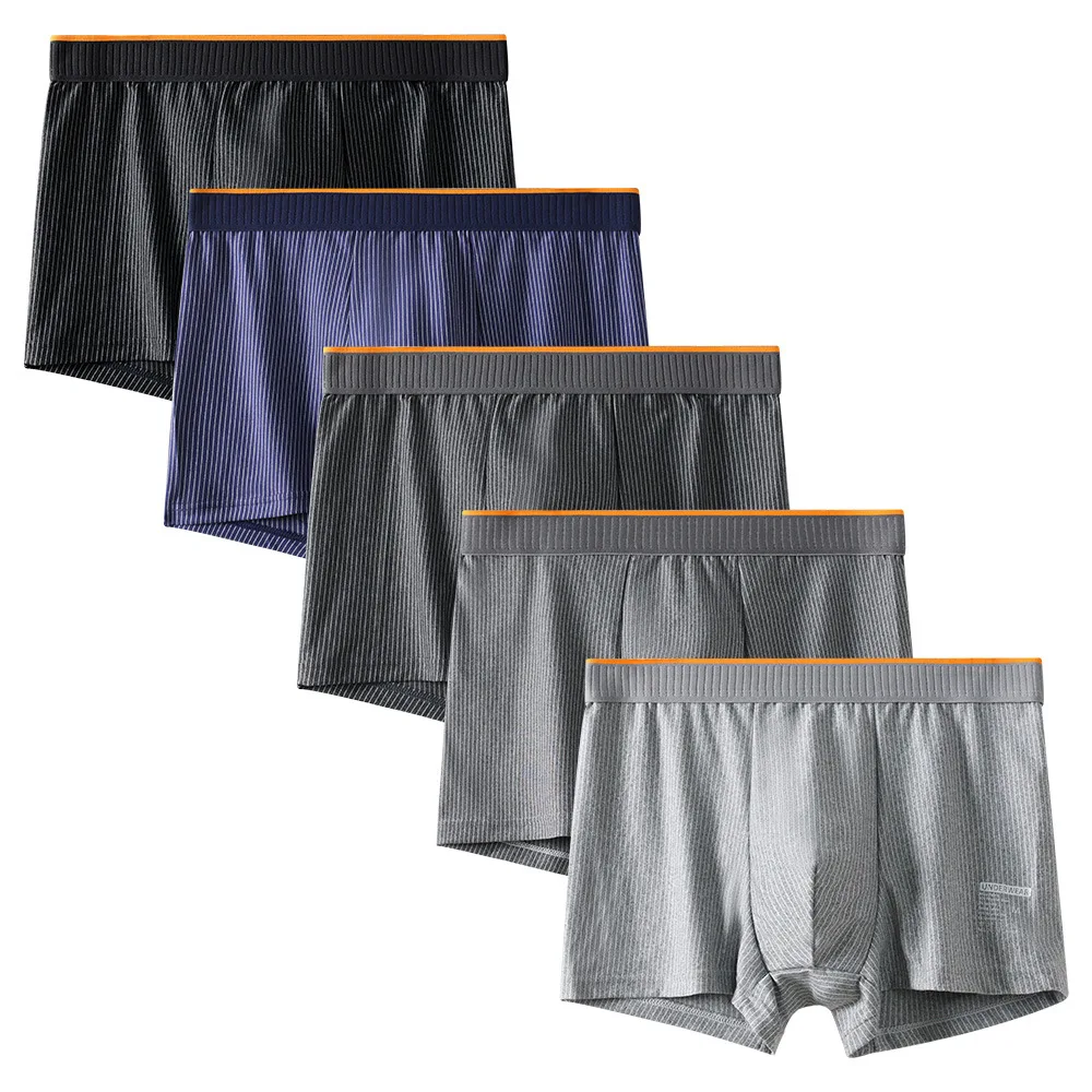 5 Pack Men Mid Waist Boxer Underwear Milk Silk Boxer Briefs Vertical Striped Rib Waistband Breathable Sweat Absorbing