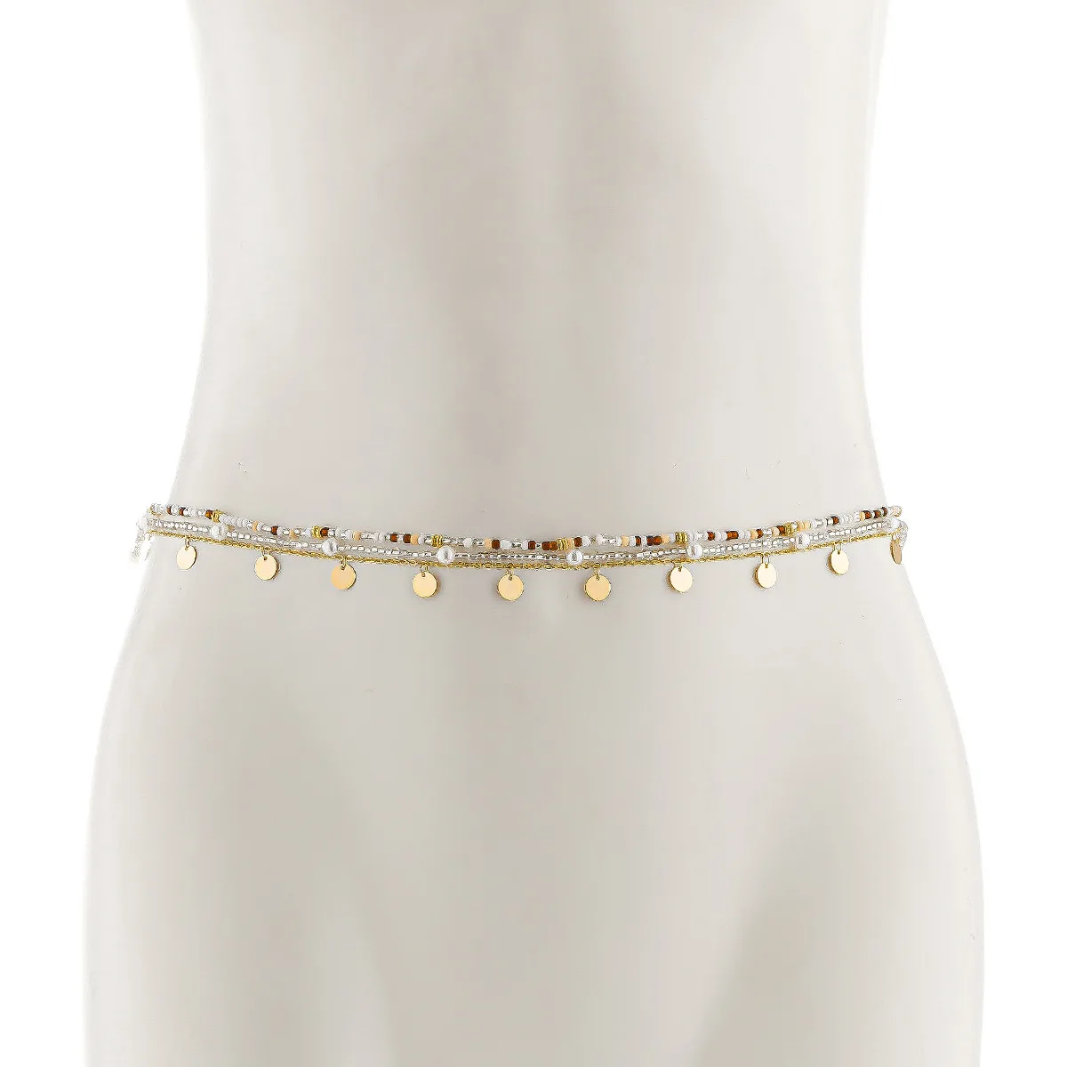 Retro Gold สีโลหะวงกลมเลื่อมจี้เอว 2024 Multi Layer สีสันลูกปัด Body Chain สาวแฟชั่นเครื่องประดับ