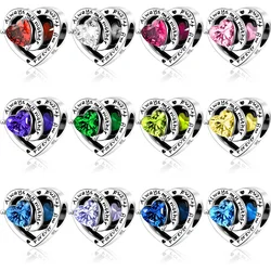 Silver S925 Twelve Month Birthstone Heart Eternity Charms Beads Pendant Fit Original Bracelet for Women DIY Fine Jewelry