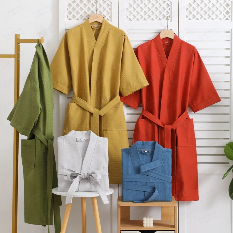 

Bathrobe Women Cotton Fiber Summer Kimono Robe Femme Women Nightwear Breathable Solid Color Bathrobe Splicing Home Clothes Robe