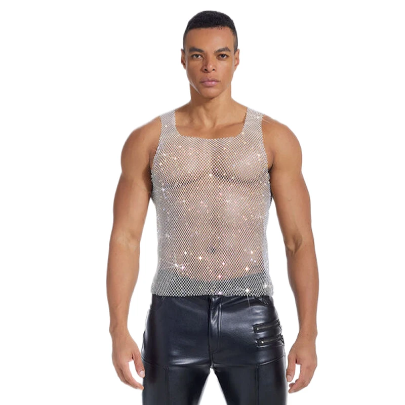Herren-Tanktop mit glitzerndem Strass-Mesh, durchsichtig, ärmellos, Clubwear, Party-Weste, Herren-T-Shirts und Tanktops, майка мужская – Detail 7