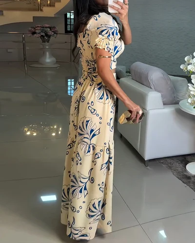 Imagen 2 del producto Conjunto de 2 piezas de verano para mujer con estampado de hojas, cuello cuadrado, mangas de burbuja con ombligo expuesto y falda plisada informal de corte A