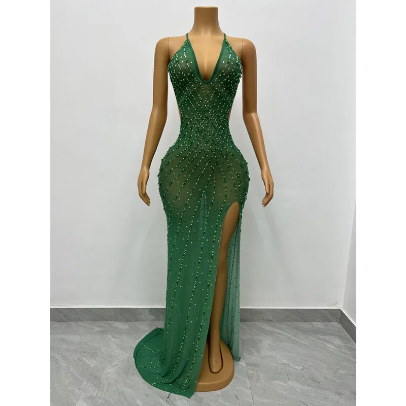 

Singer Model Evening Party Celebrate Trailing Dresses Pink Green Rhinestone Sheer V Neck Backless Split Long Dress Stage Costume