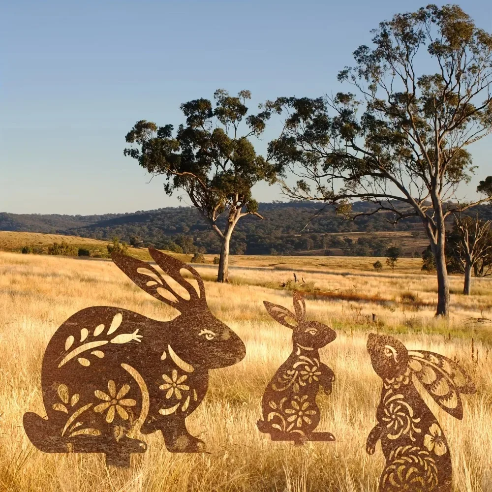 Unique Metal Rabbit Stakes for Garden - Rustic with Rusty Appeal. Unusual Outdoor Ornament. Great for Backyard.