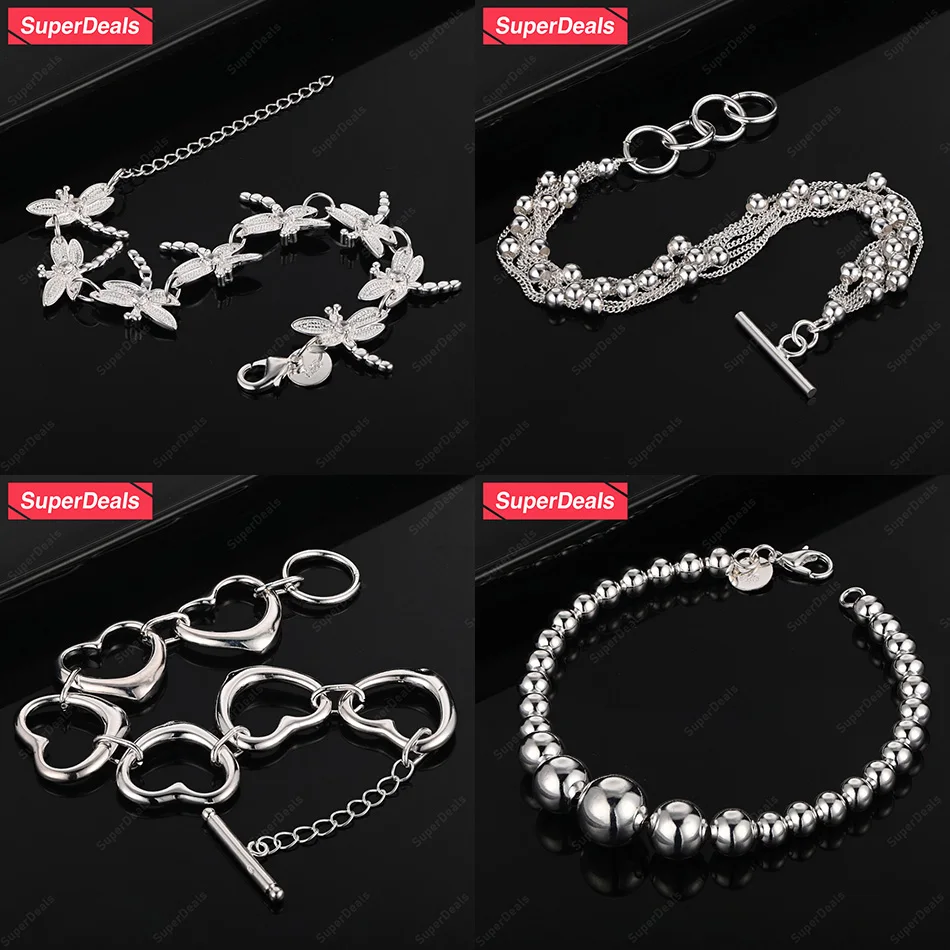 

SuperDeals 925 Sterling Silver Heart Shape Dragonfly Smooth Beads Bracelet Women Fashion Party Wedding Charm Jewelry Gift