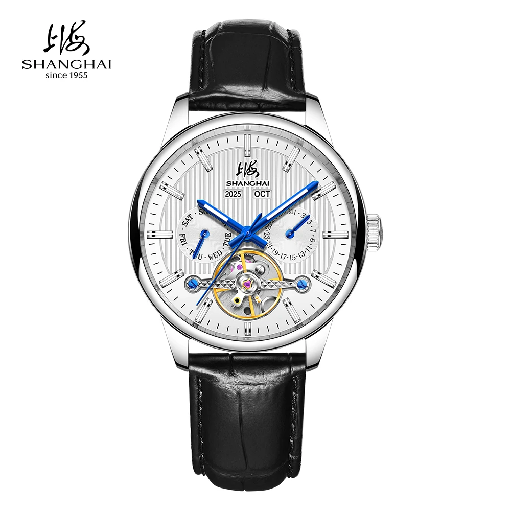Shanghai Watch Formal Men's Watches Sapphire Multi-Function Calendar Automatic Mechanical Wristwatch 40.5mm Flywheel Clock S8967