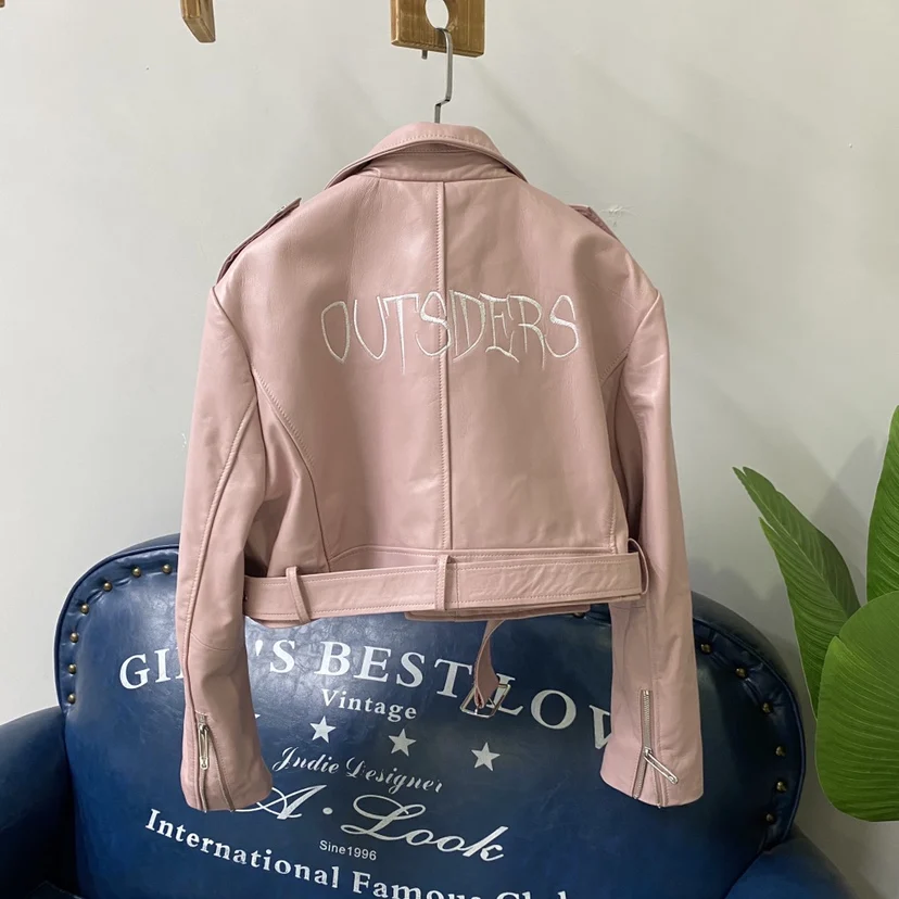Rosa genuíno eepskin couro motociclista jaet feminino pesado bordado ba tamanho pequeno couro jaet commute sle zíper sve