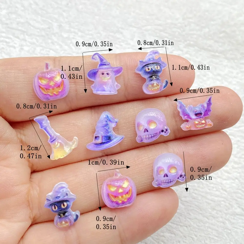 50pcs Purple Luminous Halloween 3D Resin Nail Charms Pumpkin Ghost Bat Nail Decorations