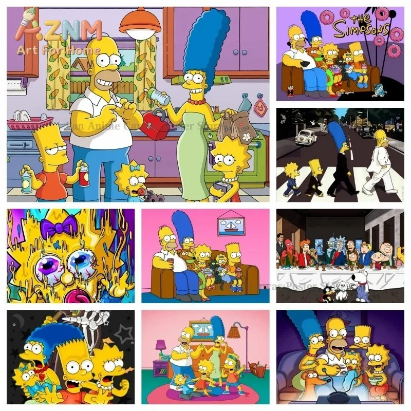 AZNM - Impresión en Lienzo sin Marco del Collage de la Familia Simpson, Arte de Pared Clásico de Dibujos Animados, Homer, Marge, Bart, Lisa, Maggie, Arte Pop para el Hogar