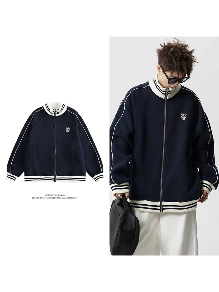 

American Sle Heavyweight Striped Jaet Youth Faion Бейсбольная строчка Ретро Верхняя одежда для студенческих пар Длинная свевая молния ...