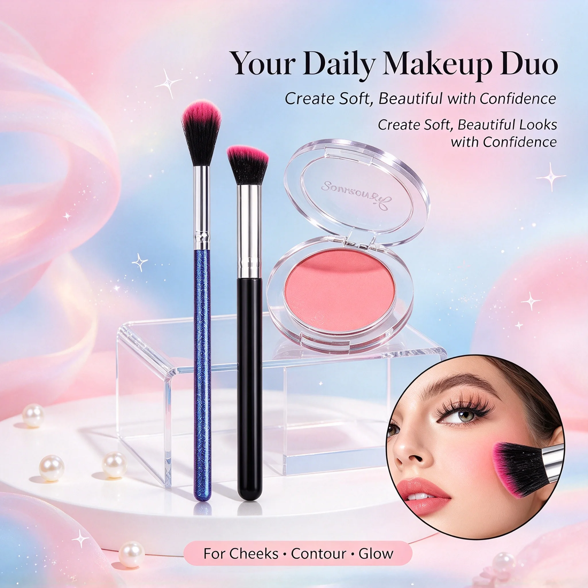 2Pcs Cheek Makeup Brush,Fluffy Blush & Contour Highlight Brushes,Daily Face Makeup Tools for Beginners & Makeup Lovers
