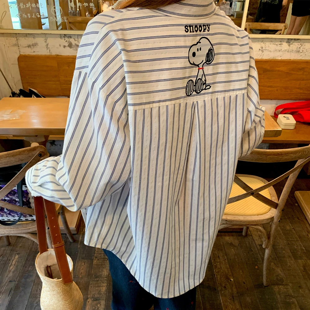 Snoopy Cartoon Embroidery Women Shirt Patchwork Striped Long Sleeve Blouse Oversized Loose Casual Kawaii Harajuku Streetwear