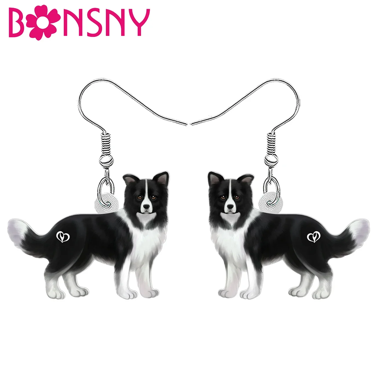 BONSNY Acrylic Funny Black White Border Collie Dog Drop Dangle Earrings Charms Puppy Jewelry Gifts Decorations For Women Kids