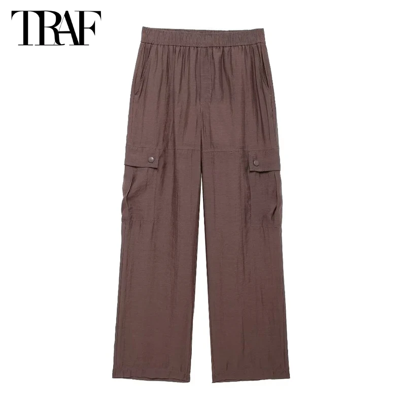 TRAF 2024 Pleated Cargo Pants Women Summer High Waist Pants for Women Semi Sheer Casual Pants Female Holiday Beach Women\'s Pants