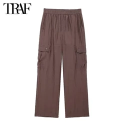 TRAF 2024 Pleated Cargo Pants Women Summer High Waist Pants for Women Semi Sheer Casual Pants Female Holiday Beach Women's Pants