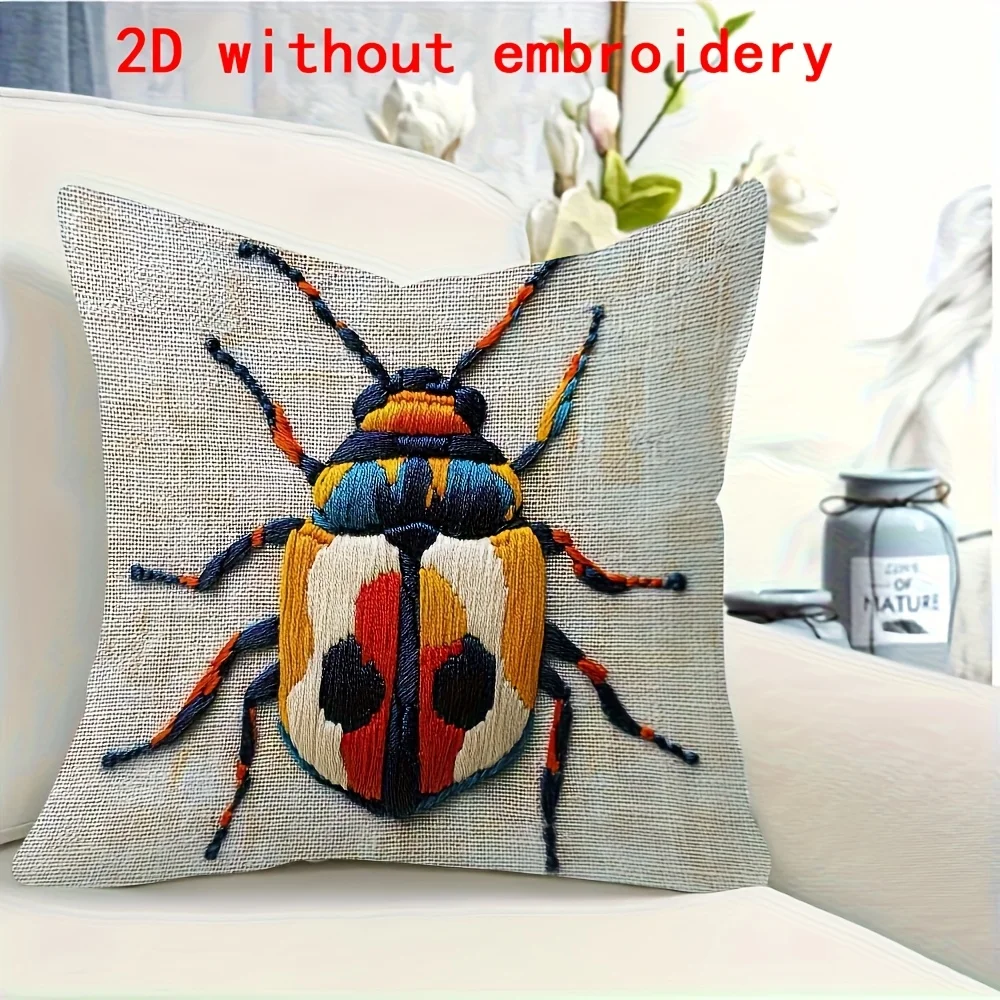 2D flat- Retro Beetle Print Linen Throw Pillow Cover Decorative Cushion Case for Sofa Couch Bed Living Room