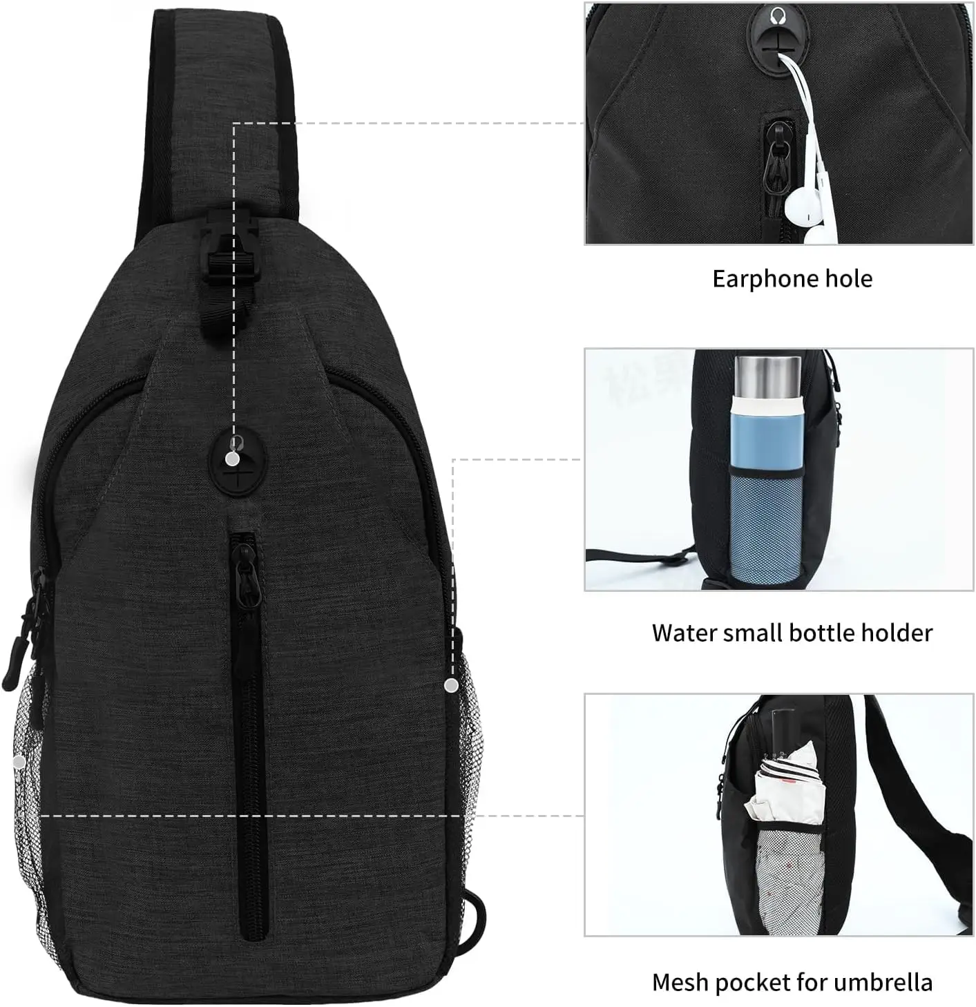 Tas Selempang Ransel untuk Wanita & Pria - Tas Ransel Hiking Portabel dengan Kantong Botol Air, Hitam