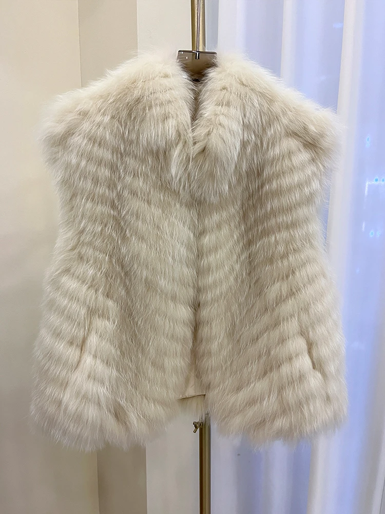 2025 Autumn Winter Warm Women's Vest Real Natural Fox Fur Strip Sewed Toghter Coat Thick Short Waistcoat Luxury Female Jacket