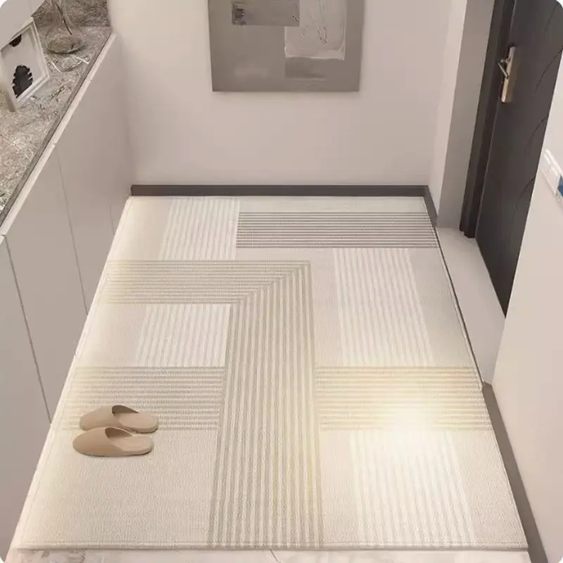 VIKAMA Beige Geometric Block Stripe Rug for Entryway Kitchen Bedroom, Non Slip Machine Washable Minimal Floor Carpet Home Decor
