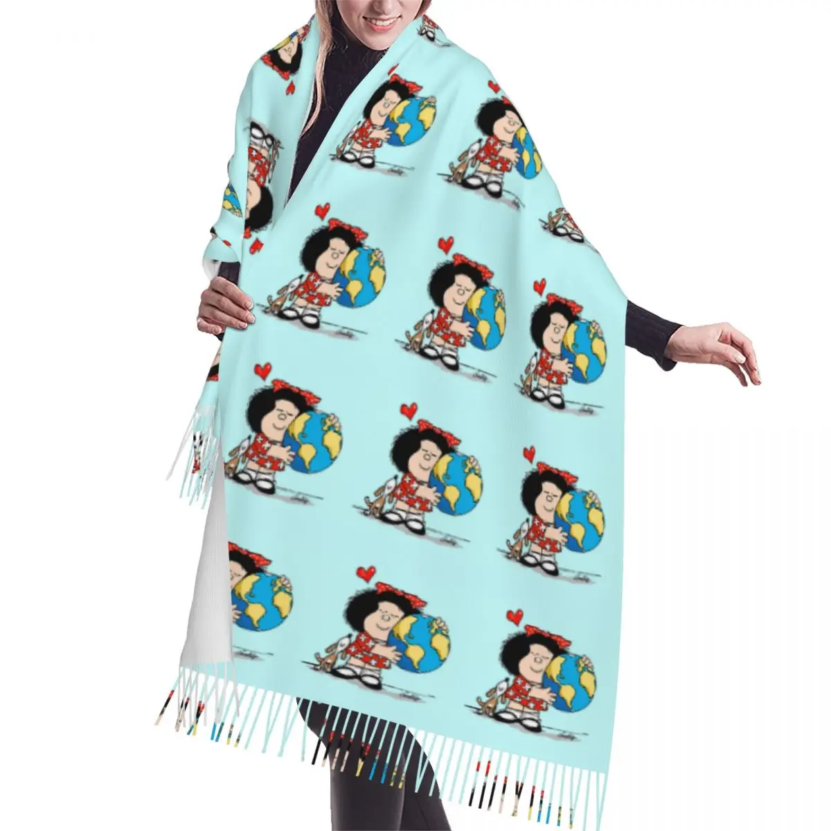 Luxury Mafalda World And Her Puppy Tassel Scarf Women Winter Warm Shawls Wraps Lady Quino Comic Cartoon Versatile Female Scarves