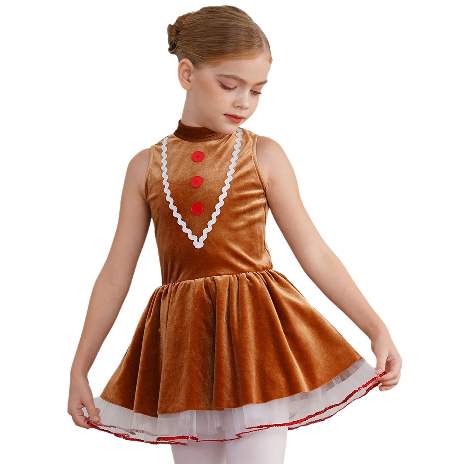 Kids Girls Christmas Gingerbread Man Costume Sleeveless Velvet Ballet Dance Tutu Dress Skating Leotard for Holiday Xmas Party