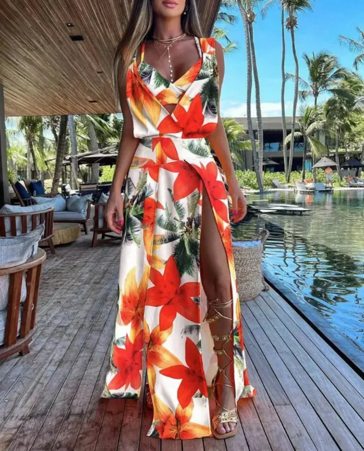 Sexy Women Sleeveless Plunge High Slit Maxi Sexy Dress with Bra Top 2023 Summer Femme Robe Casual Lady Dress Clothing