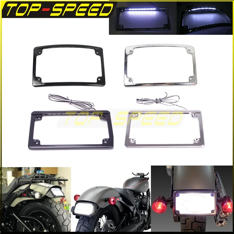 

7" x 4" 12° Curved / Flat design Cafe Racer License Plate Frame LED Number Plate Light Registrator Frame Cover Holder Bracket