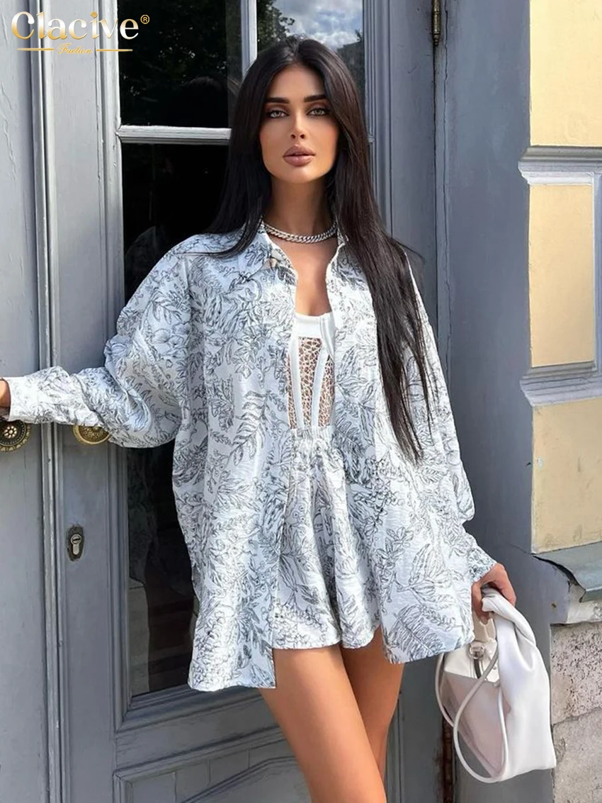 Clacive Fashion Loose Print 2 Piece Set Women Outfit 2024 Elegant Long Sleeve Shirt With High Waist Shorts Set Female Streetwear