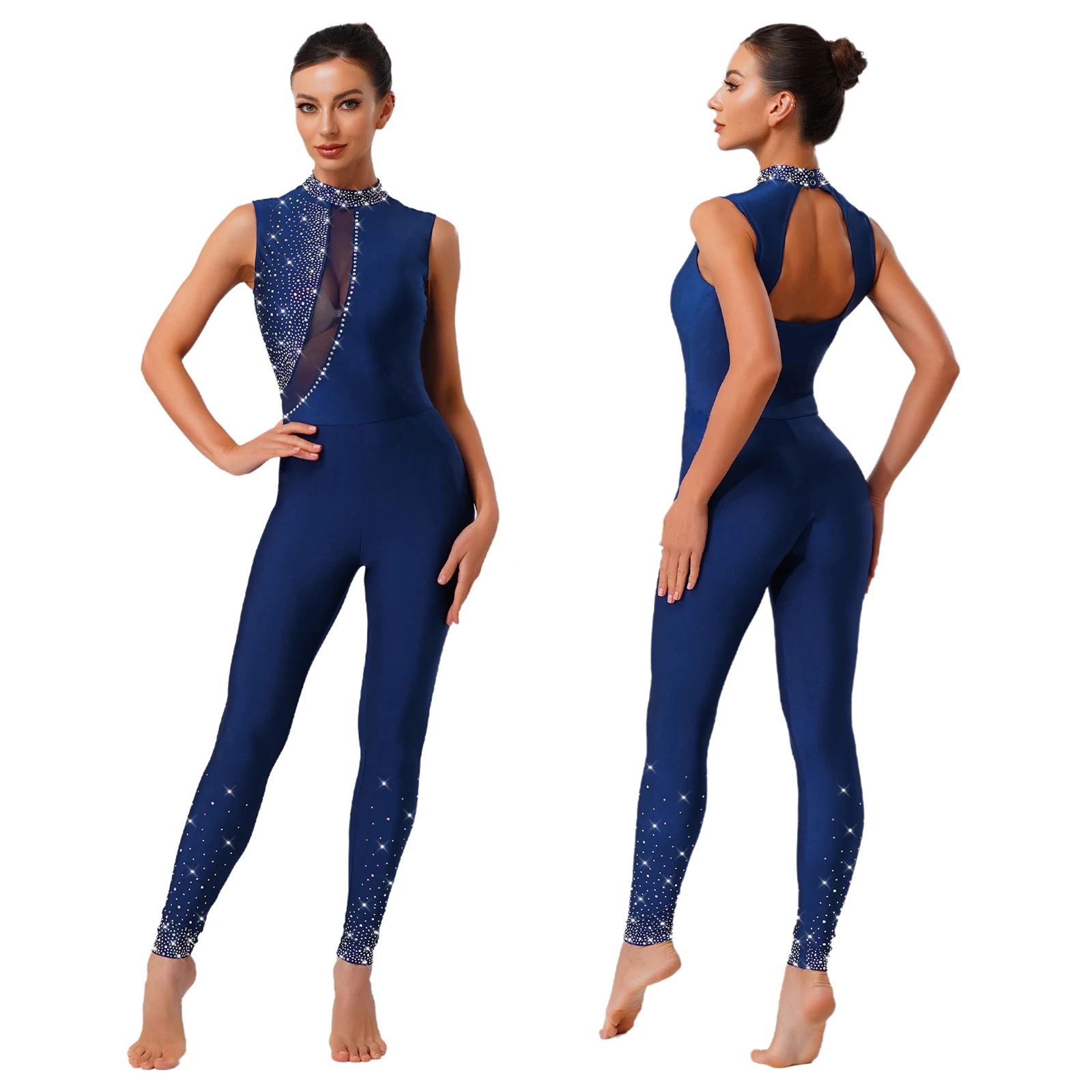 

Women Gymnastics Unitard Dancewear Rompers Bodysuit Glittery Rhinestones Sleeveless Back Hollow Out Jumpsuit for Ballet Rhythmic