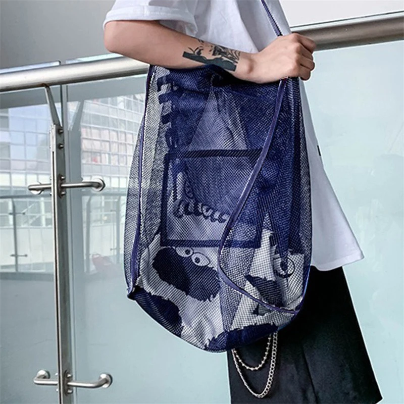 Transparent Colorful Mesh Beach Shopper Bag For Women Girls Extra Large Capacity Travel Shoulder Bags Simple Fashion Organizer