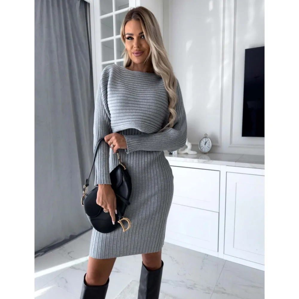 Women Elegant Slim Two Piece Sets Female Sweater Dress Autumn Winter High Waist Skirt Ensemble Femme Medium Long Party Dresses 