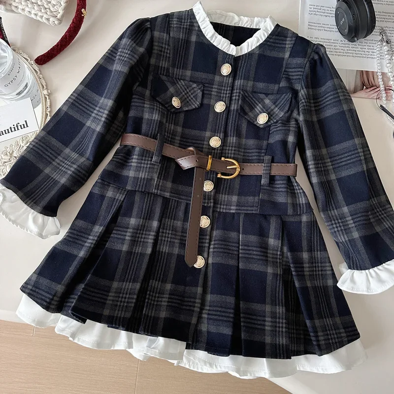 Girls' New Spring and Autumn Long-Sleeve Stylish Plaid Stand-Collar Lace Princess Dress