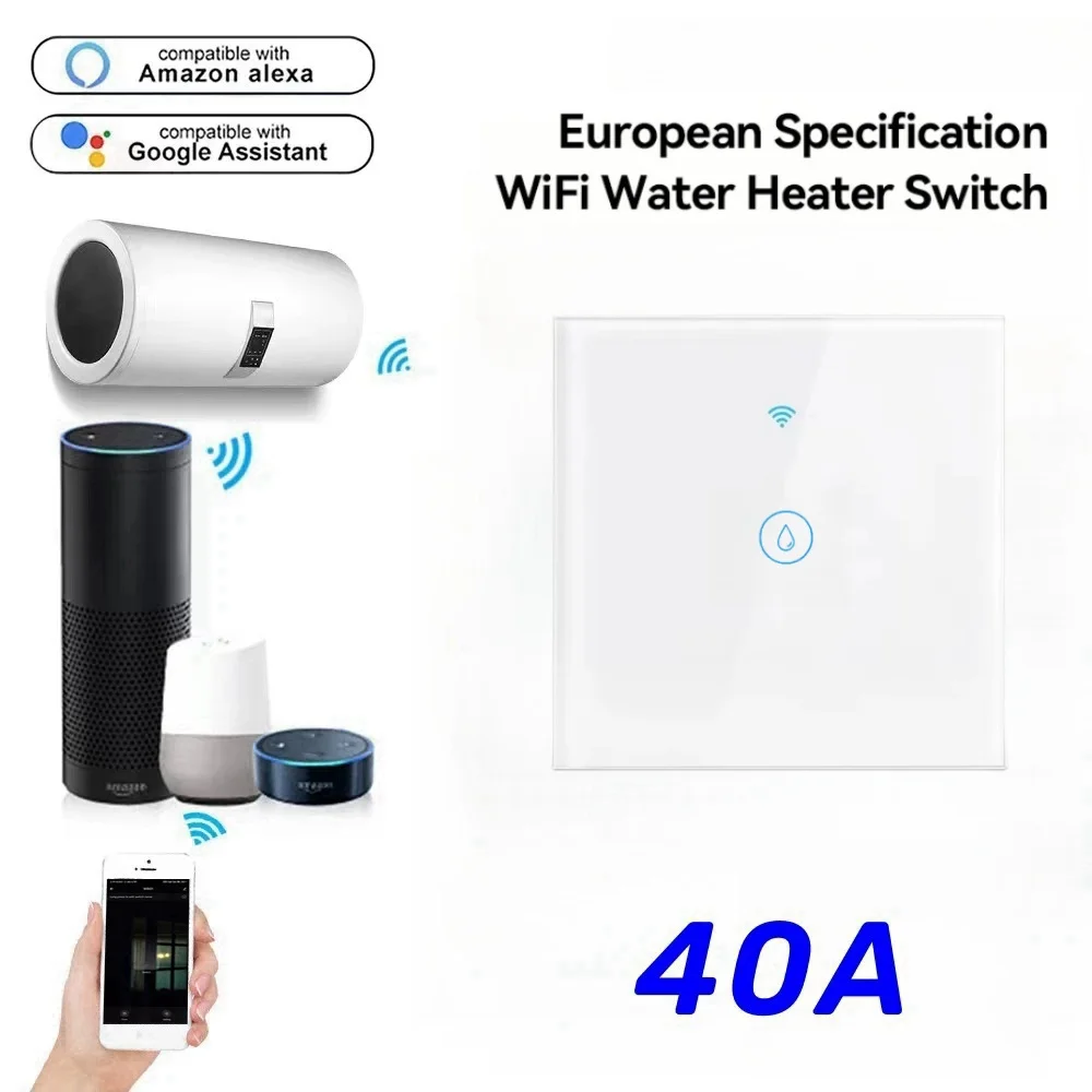 Water Heater Switches EU Standard 40A Voice Touch Panel Timer Alexa Google Home Wifi  Smart Touch Water Heater Boiler Switch