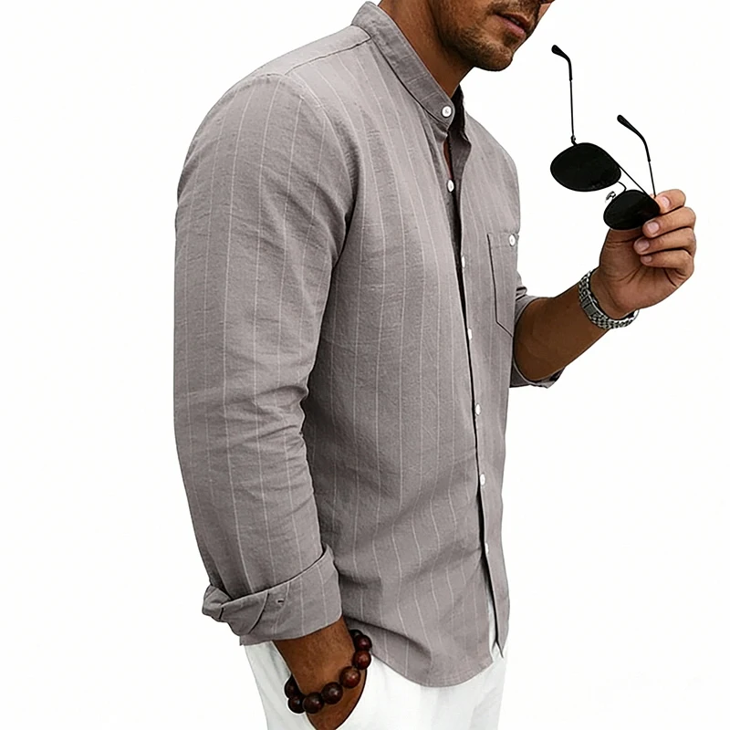 Men's Single-Piece Chinese-Style Stand Collar Vertical Striped Linen Shirt, Long-Sleeve Breathable Summer Beach Casual Shirt